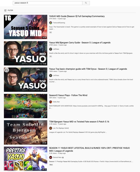 A series of thumbnails accompanying the YouTube search results for 'yasuo season 5'. Two of the thumbnails feature pictures of professional esports athletes Bjersen and Dyrus, both of whom are male.