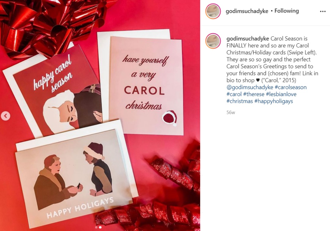 Screenshot of an instagram post by godimsuchadyke showing three cards with various illustrations of Carol and Therese in a color scheme of pink and red.