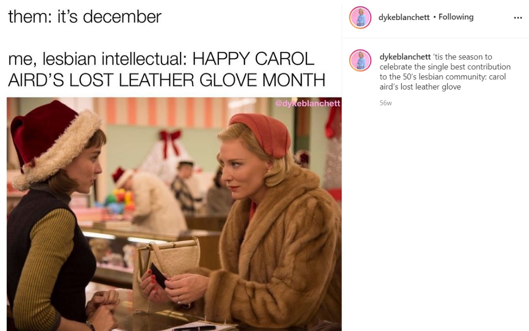 Screenshot of an instagram post by dykeblanchett showing Carol leaning over to talk to Therese, standing behind a store counter.