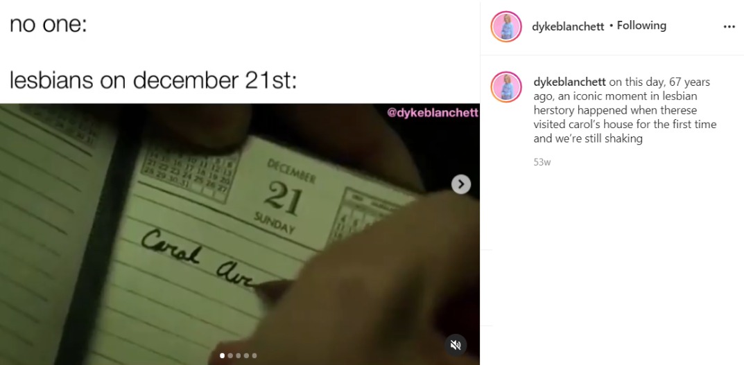 Screenshot of an instagram post by dykeblanchett, showing a hand writing in a diary.