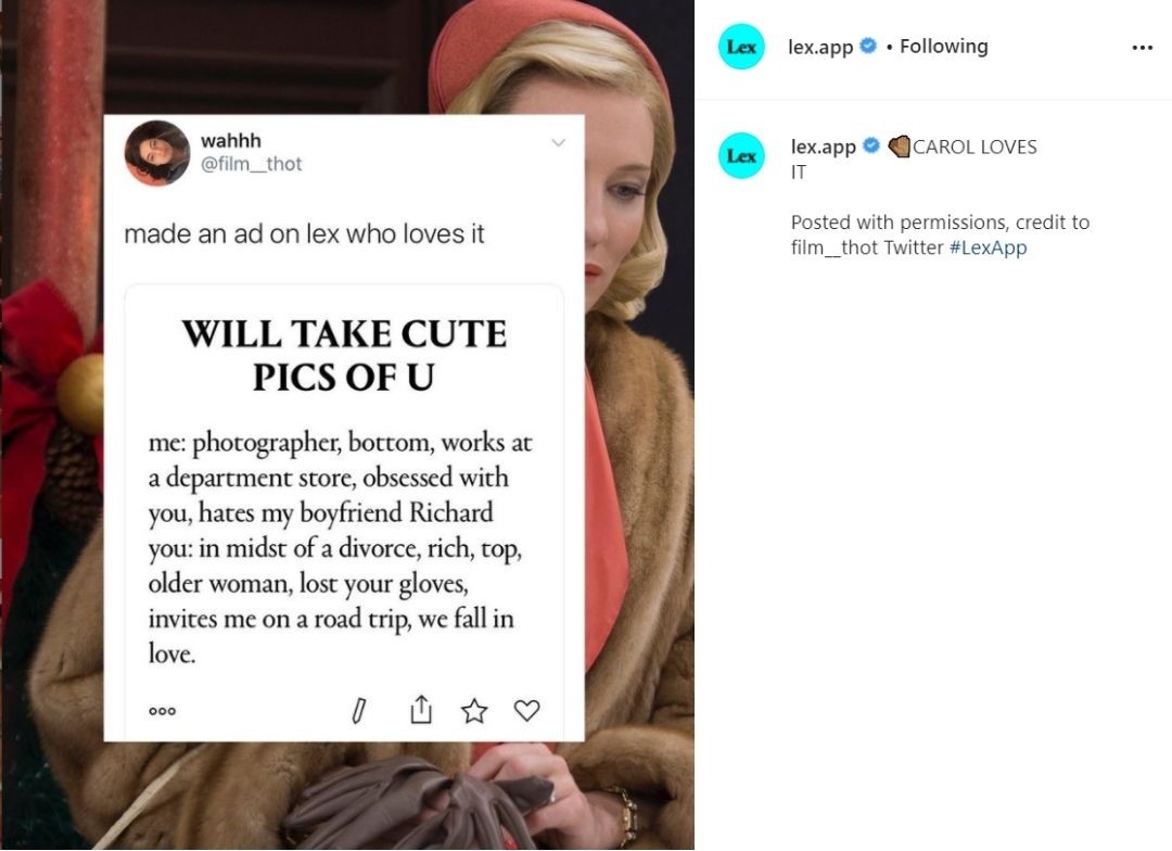 Screenshot of an instagram post by lex.app featuring a twitter post by film_thot showing an ad they posted on Lex.