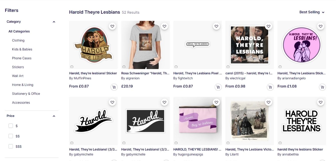 Screenshot showing various items available for sale based on the meme Harold They're Lesbians