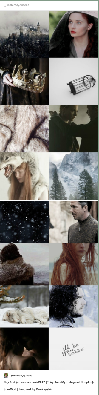 A Tumblr image post, a collage of men, women, snowy landscapes, wolves, and a crown.