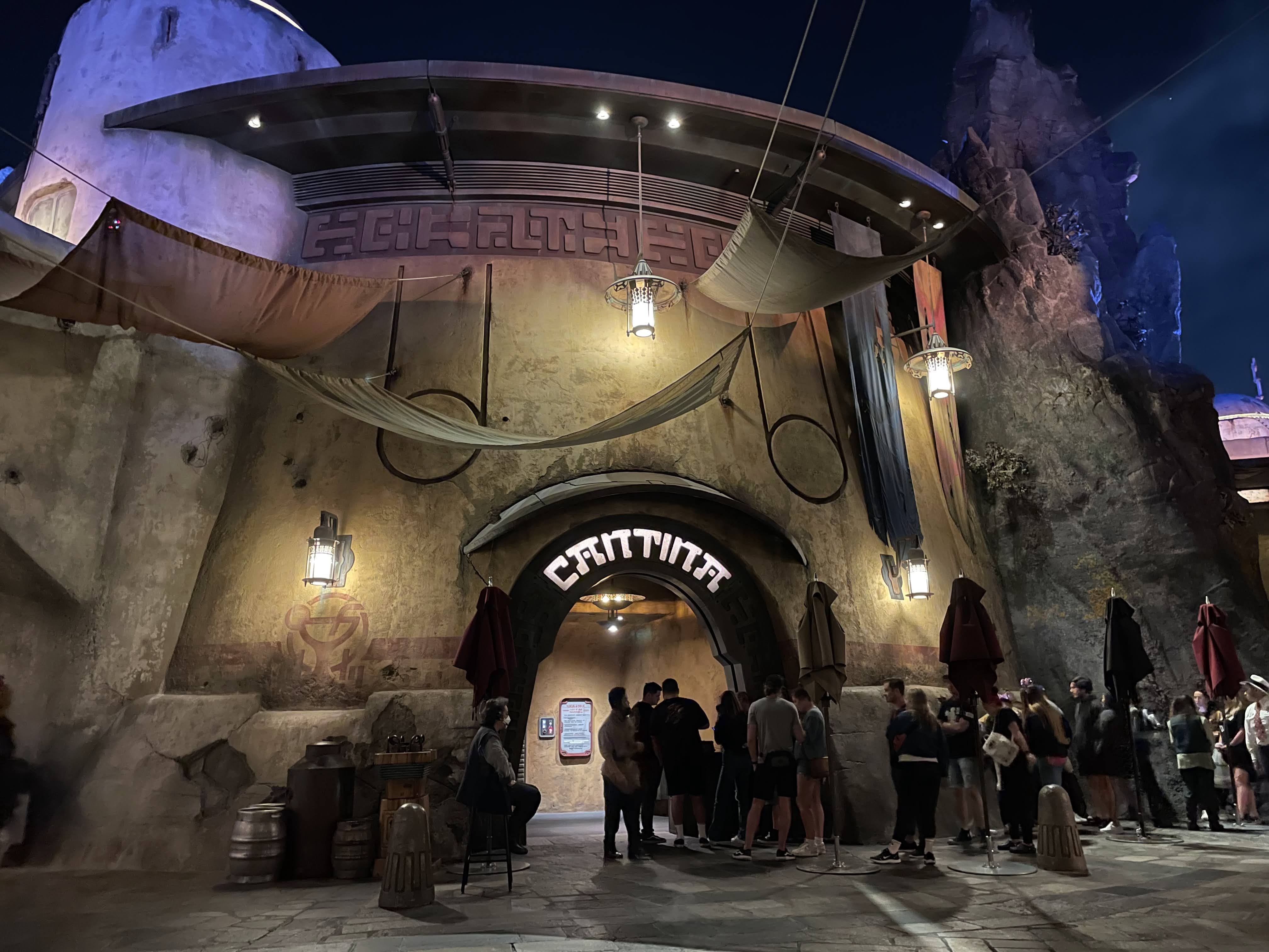 A long line of visitors waiting to enter Oga’s Cantina.
