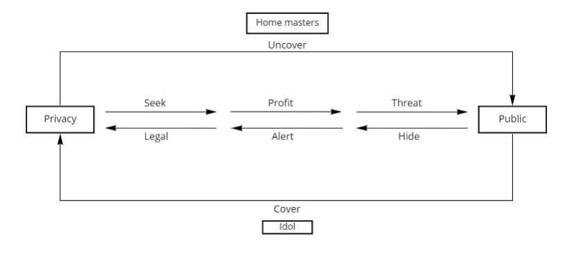 Line diagram illustrating the public-private dynamic equilibrium process between home masters and idols in China.