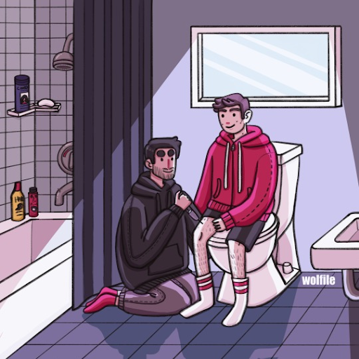 Derek, left, is pictured in a black hoodie and kneeling on the floor. He is giving Stiles, right, pictured sitting on the toilet in a red hoodie, a testosterone shot. They are in a blue-tinted bathroom and looking fondly at each other.