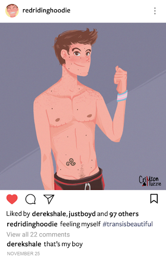 Art of an Instagram selfie. Styles is shown from the waist up, top surgery scars and a trans pride wristband on display. Text reads feeling myself #transisbeautiful. Top comment from derekshale reads that's my boy