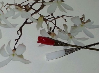 Heads of silver Mulan hairpins set against a plum flower sprig
