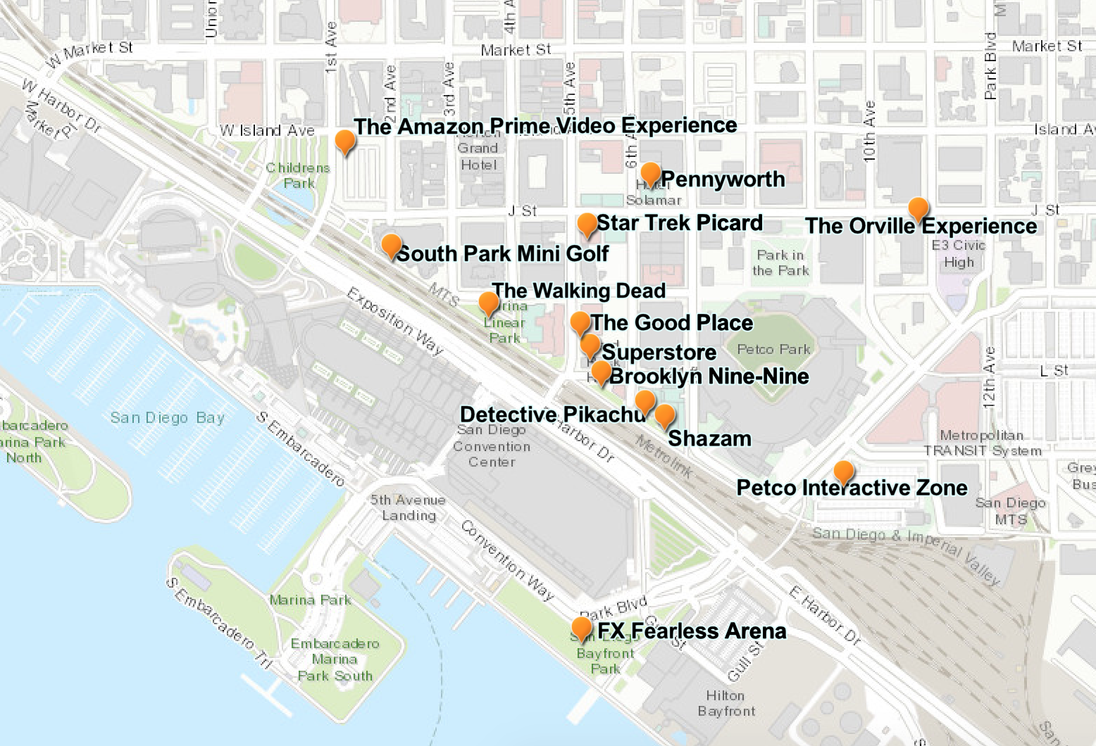 A map showing the locations of major activations in downtown San Diego in 2019.
