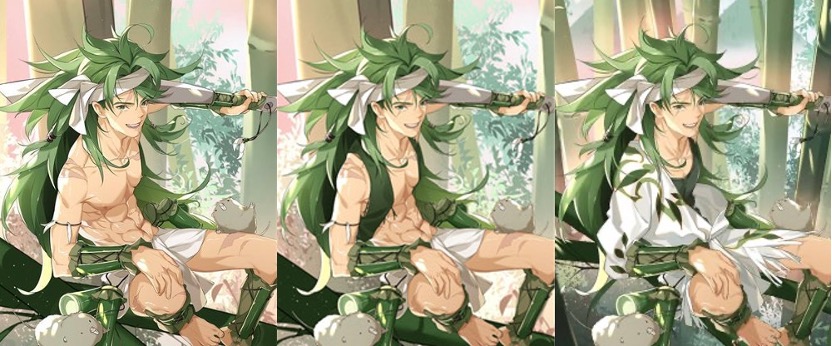 Three images of the male character, one shirtless, one wearing an open vest, and one wearing a green undershirt and white robe.