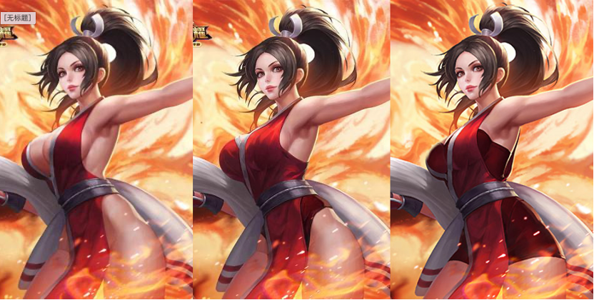 Three images of the female character, the first revealing cleavage, hips, and bare legs.  The next two images are progressively more covered.