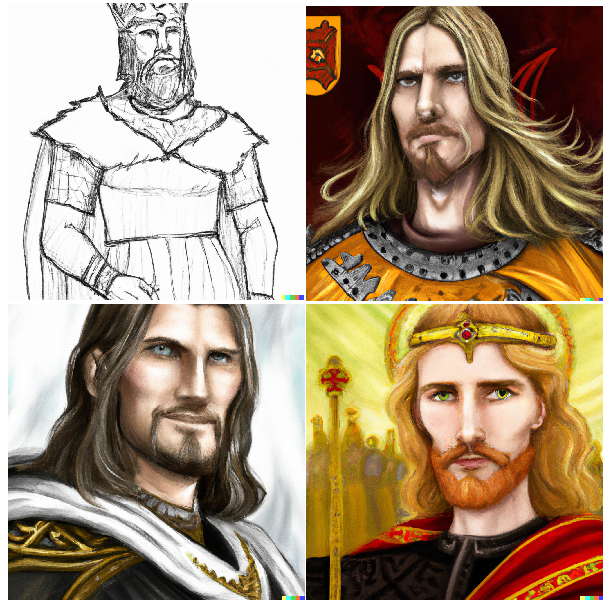 Four different medievalist images of a man with a beard and expensive clothes, which at first glance might look like they were created using various analogue techniques such as pencil sketching.
