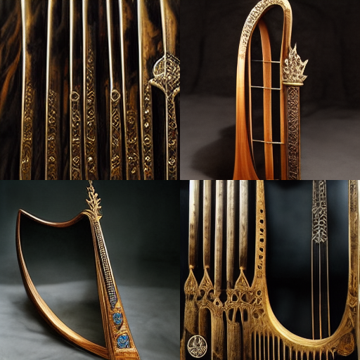 Four different photographic images of golden harp-like musical instruments.