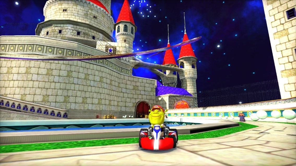 A screenshot from a modded version of A Hat in Time shows Shrek riding a vehicle from Mario Kart in a level from Sonic Adventure.