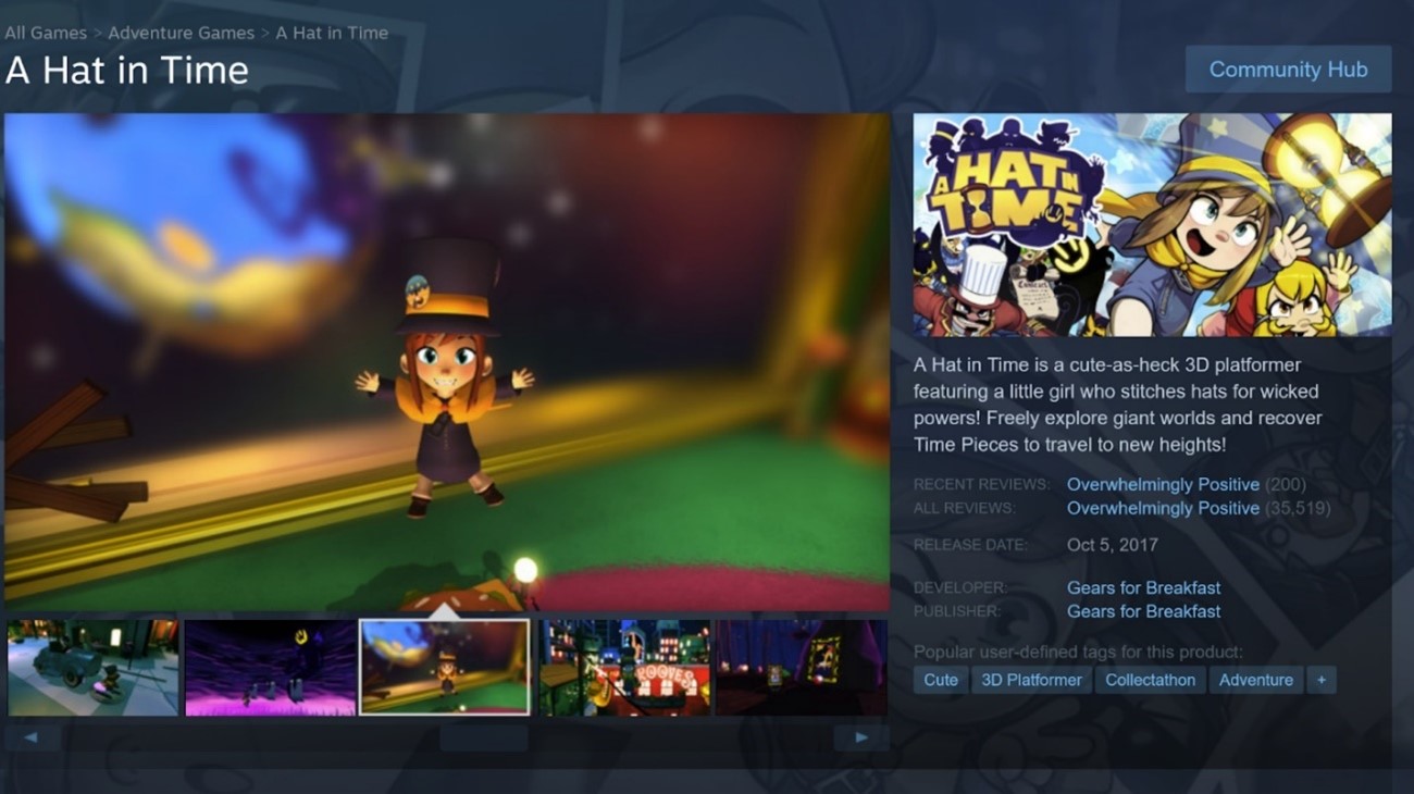 A Steam store page that shows A Hat in Time.