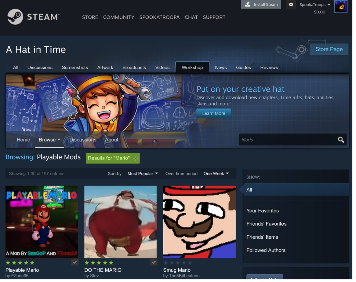 A Steam page that shows mods for A Hat in Time.