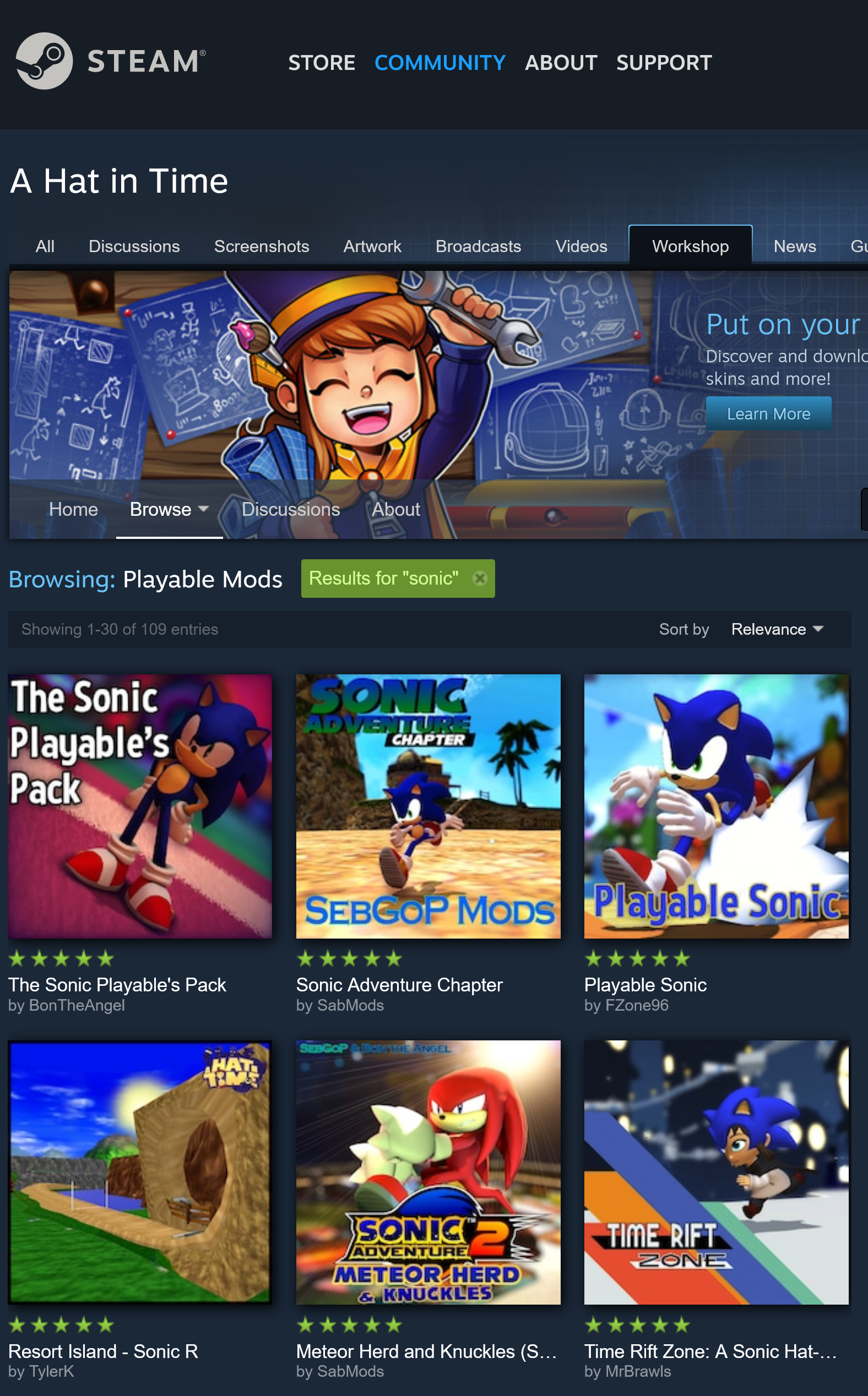 The search results for Sonic on the Steam Workshop for A Hat in Time.