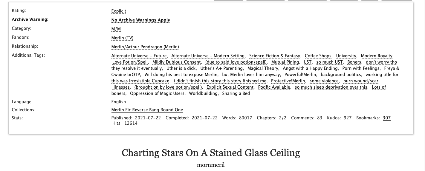 Screenshot of title and tags on AO3.