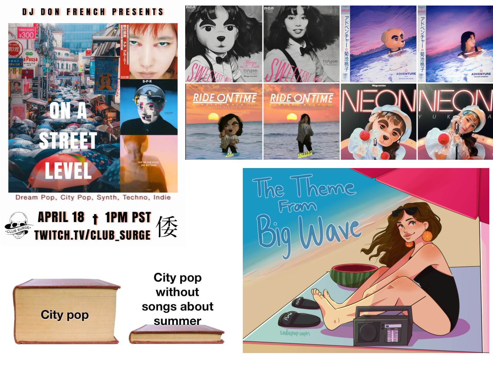 A poster for a recent show, Animal Crossing-style albums, art of a woman at the beach, and a city pop image meme
