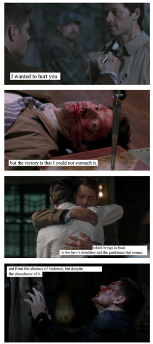 Adair's Supernatural edit showing lines from Siken's Snow and Dirty Rain over screenshots of Dean Winchester and Castiel.