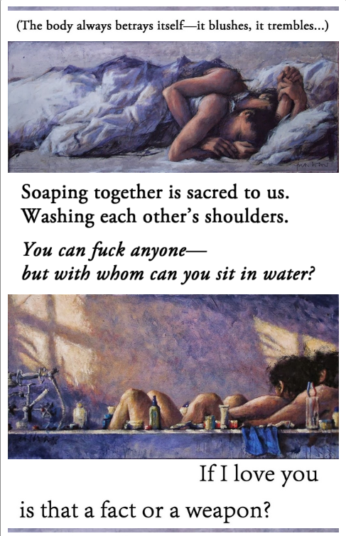 Lines of poetry and two paintings illustrating couples in a bed and in a bathtub