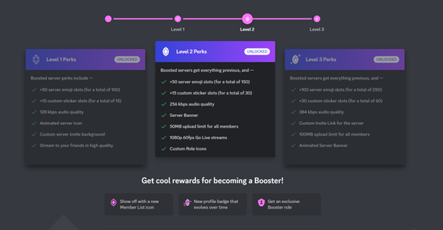 Screenshot of Discord server showing Boost Levels 1, 2, and 3.