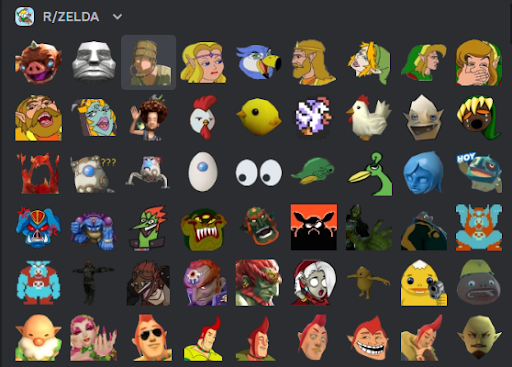 Screenshot of 45 custom emojis from the r/Zelda Discord server. Several characters and icons are represented.