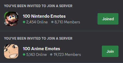 Screenshot of two Discord server invites, one reading 100 Nintendo Emotes and the other 100 Anime Emotes.