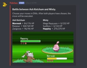 Screenshot of a Pokétwo battle taking place in a Discord channel. A thumbnail depicts a fight between Marowak and Happiny.