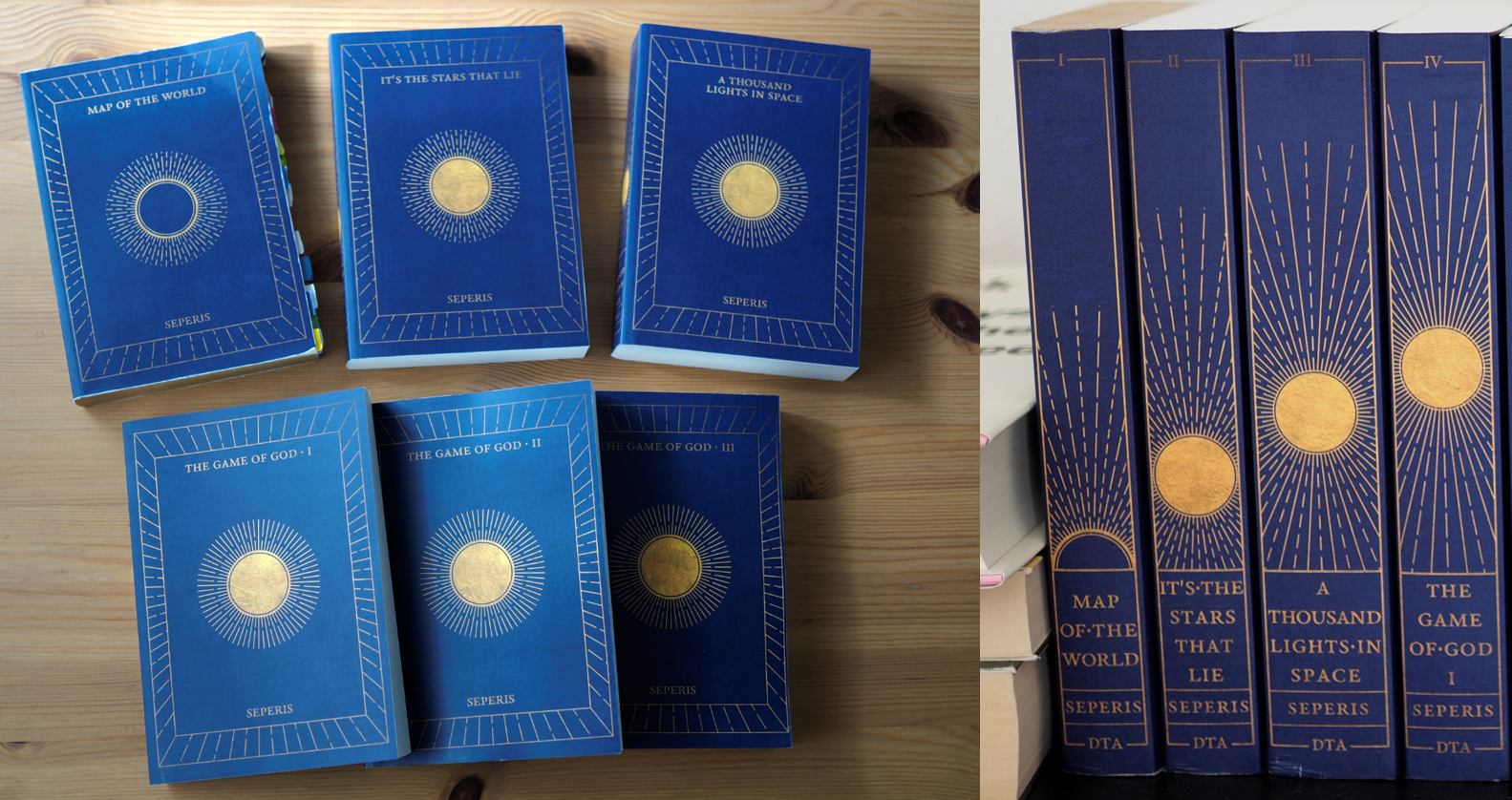 A composite image showing on the left, six paperback books arrayed with their covers visible, and on the right, the spines of the same books aligned to show a progression of the sun.