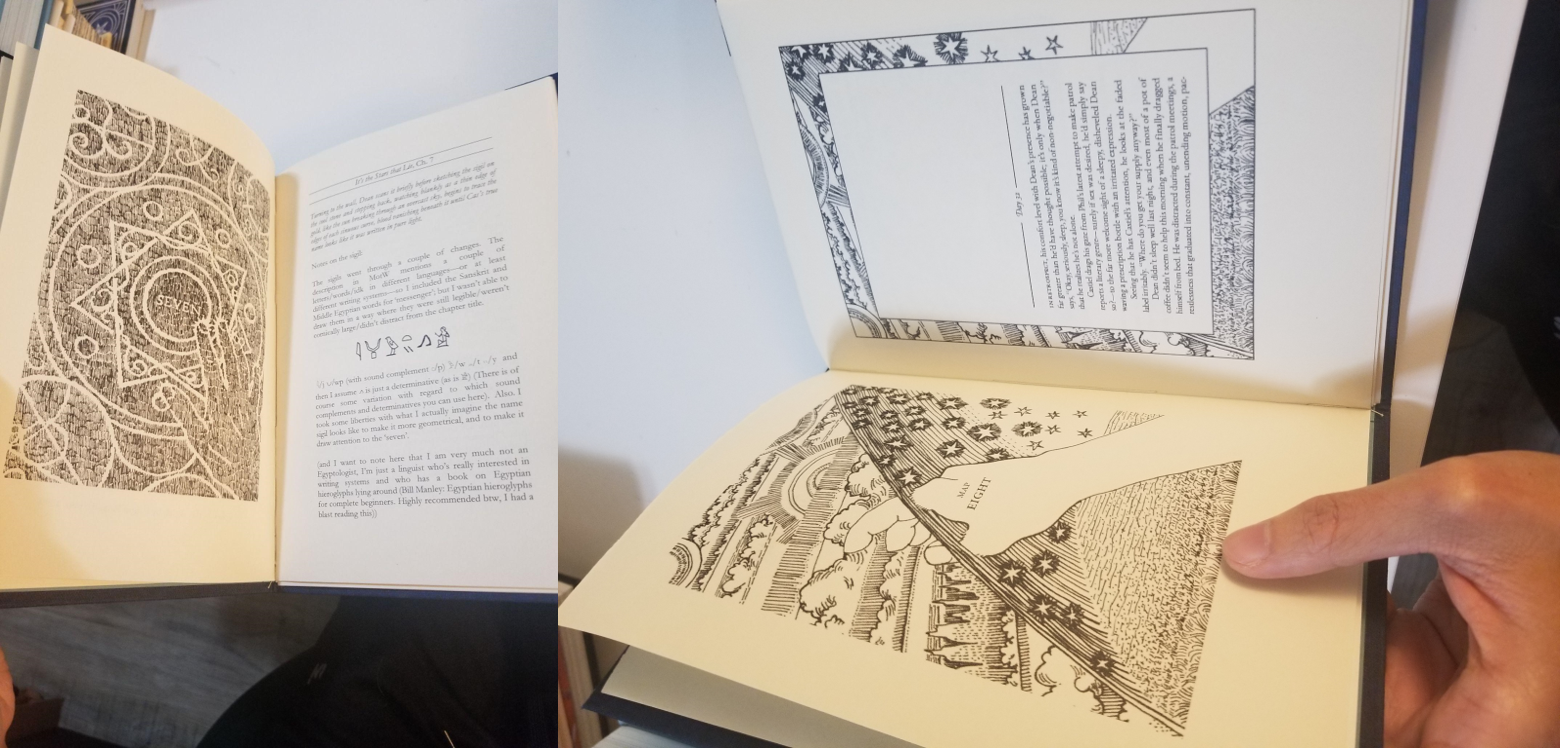 Two images of open books showing complex and detailed hand-drawn internal illustrations.