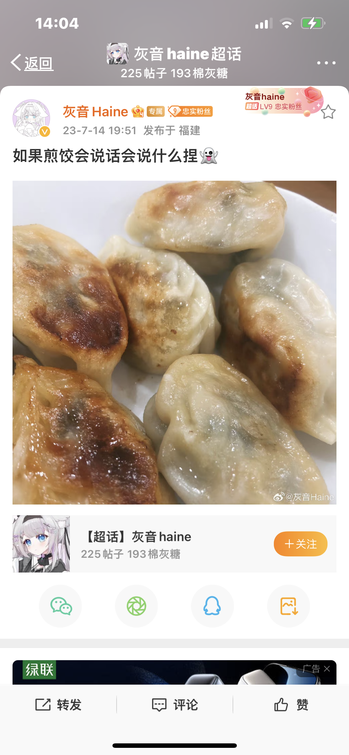 Screenshot of a social media post depicting a plate of dumplings.