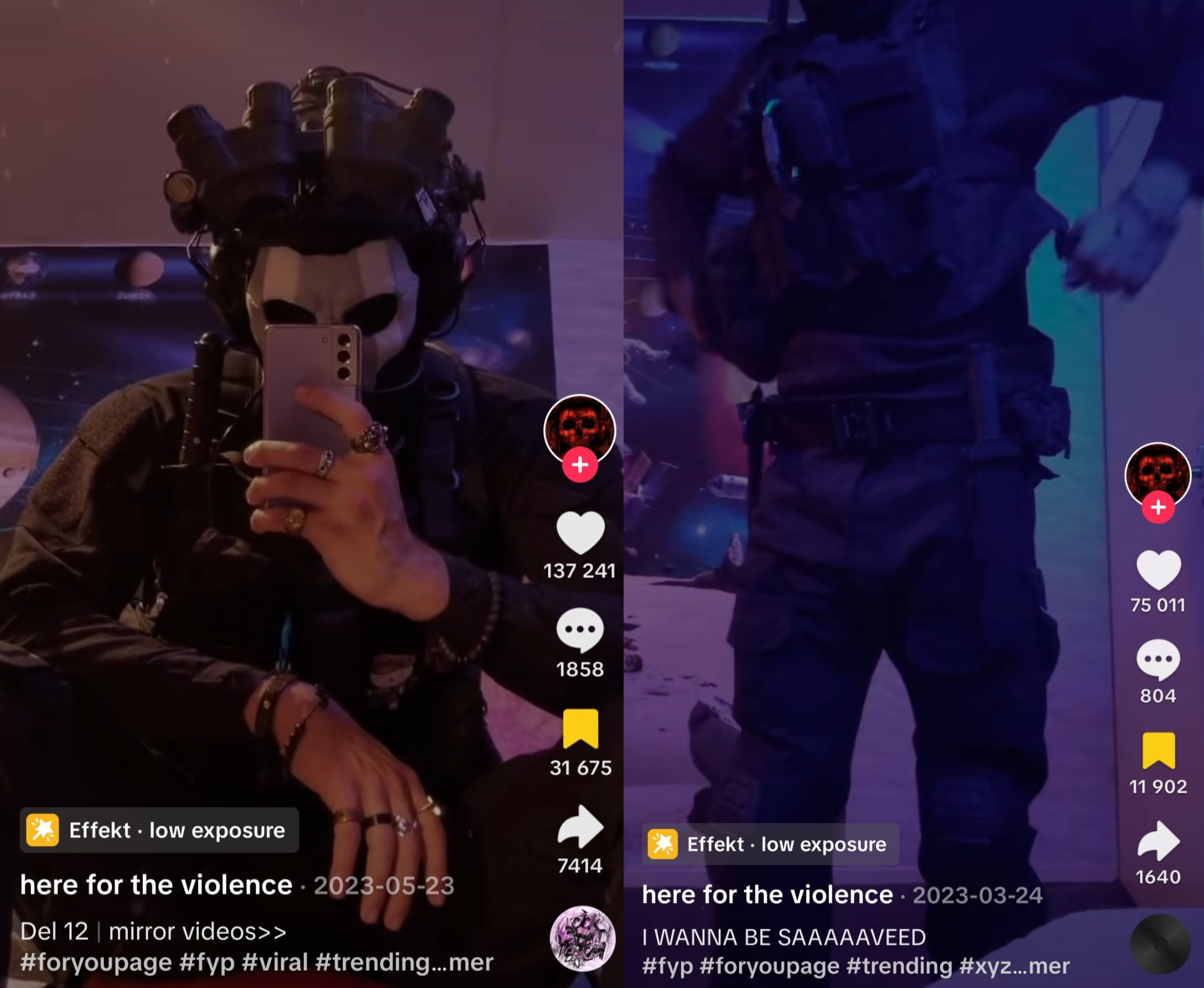 Screenshot of cosplayer. On the left he sits broad-legged on his bed. On the right he takes off his gear piece.