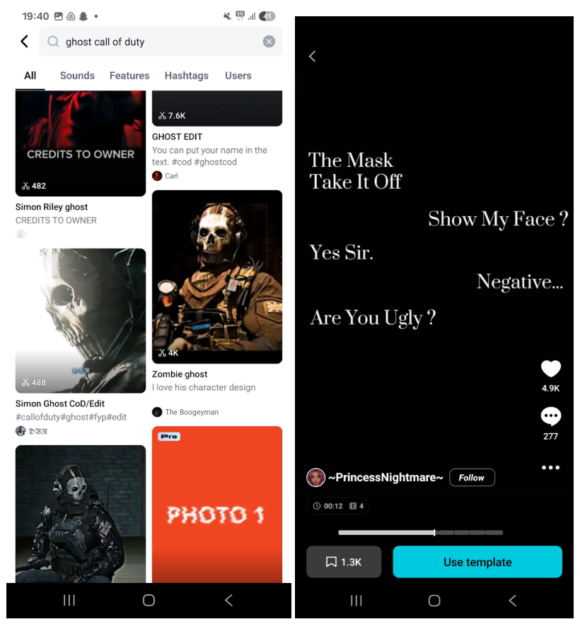 Screenshot showing CapCut templates specifically related to Ghost and <em>Call of Duty</em> (left) and preview of a template that uses dialogue between Ghost and Soap (right).