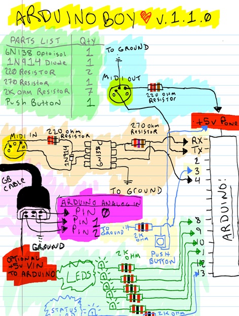 A multicolored circuit diagram, drawn freehand, with various parts of the circuit separated into different areas by manual highlighting.