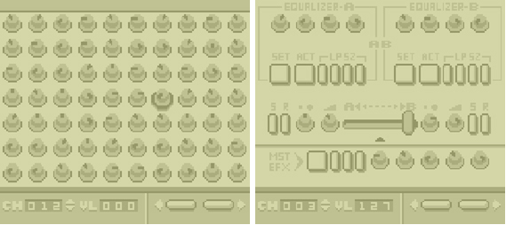 Image of a Game Boy screen, in shades of grey and brown. The left side of the screen mimics a bank of knobs, similar to those found on an audio controller, and the right side shows a number of push switches and knobs, and a slider.