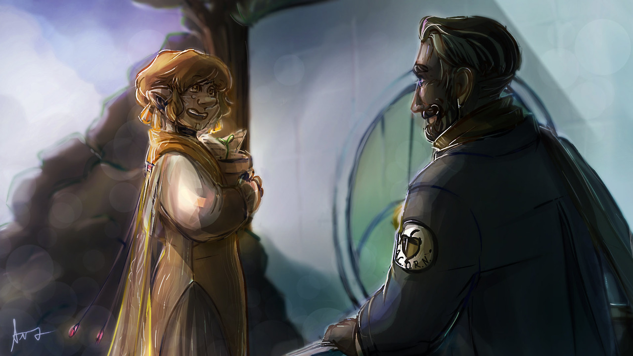 Android Bilbo (gold clothes, hair, and skin) and human Thorin (Black clothes, hair, and skin).