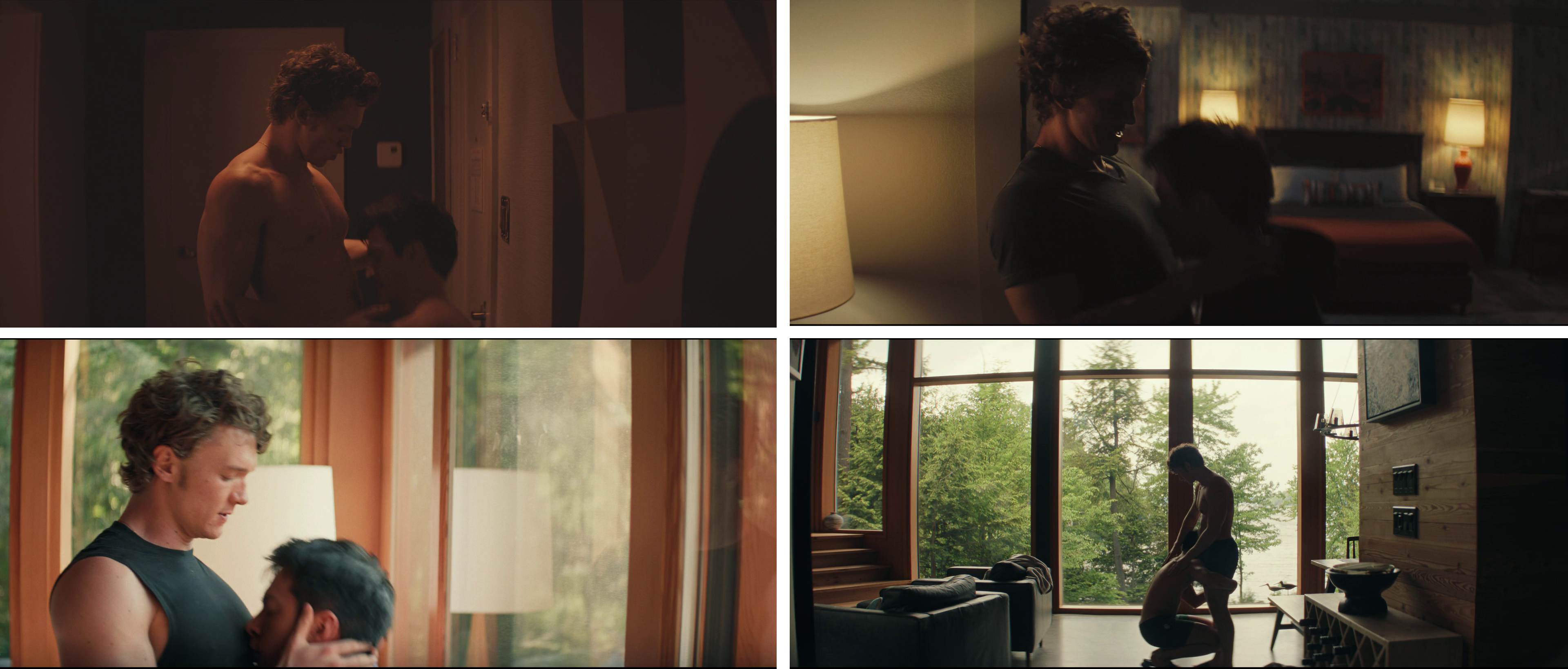 A set of four screenshots showing Shane on his knees in front of Ilya, in both sexual and non-sexual moments.