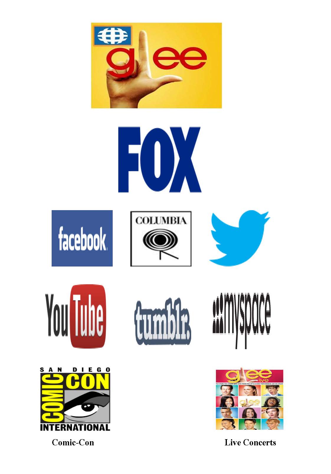 A collection of logos for Glee, the Fox television network, facebook, Columbia Pictures, Twitter, YouTube, tumblr, Myspace, San Diego Comic-Con, and Glee live concerts