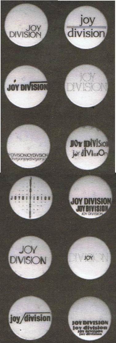 A collection of twelve 'Joy Division' button badges with various logos.