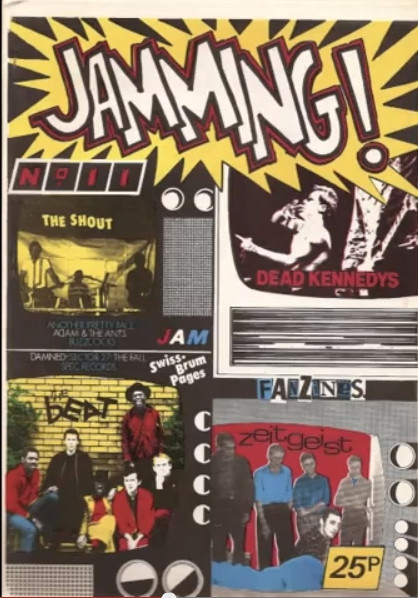 Fanzine cover reading 'Jamming! No. 11, 25p' featuring four stylized images of television screens depicting four bands: The Shout, Dead Kennedys, The Beat, Zeitgeist.