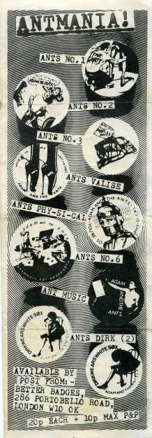 Advertisement for nine Ants badges labelled 'Ants No. 1, Ants No. 2, Ants No. 3, Ants Valise, Ants Phy-si-cal, Ants No. 6, Ant Music, Ants Dirk (2)' also reading 'Available by post from: Better Badges, 286 Portobello Road, London W10 0K, 20p each + 10p max P&P'.