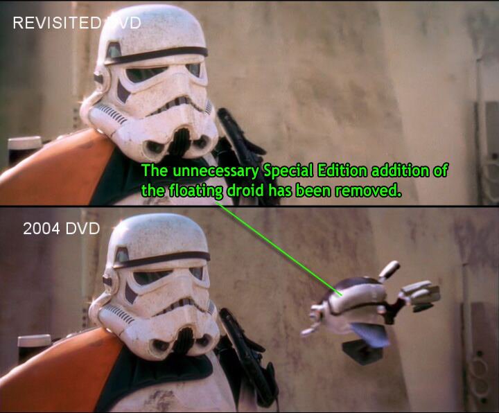 Split-screen image comparing two shots of a storm trooper. Top image labeled REVISITED DVD. Bottom image labeled 2004 DVD. Droid appearing in bottom image (but not top image) labeled with the following: 'The unnecessary Special Edition addition of the floating droid has been removed.'
