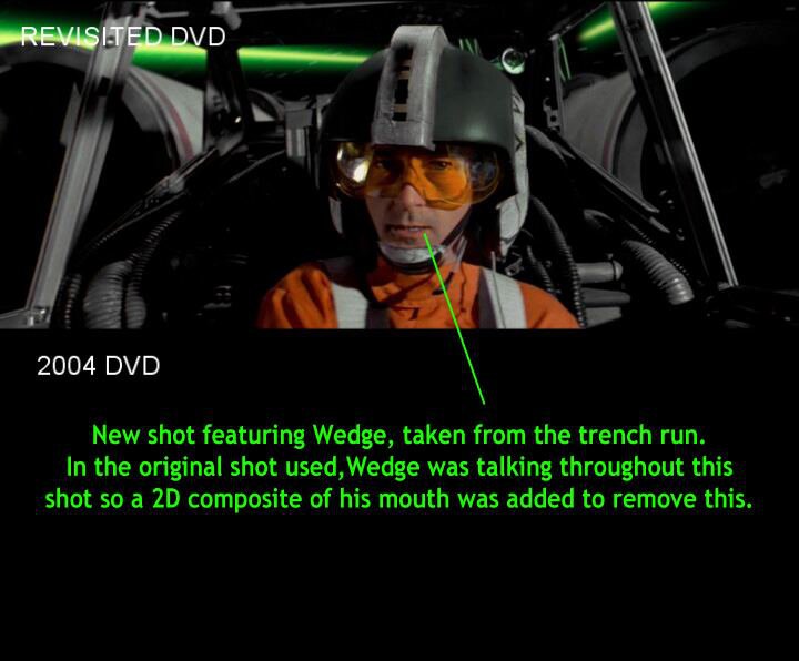 Split-screen image with the bottom image blank, showing inclusion of new shot of rebel pilot Wedge Antilles. Top image labeled REVISITED DVD. Bottom (blank) image labeled 2004 DVD. Item (Wedge) added to top image is labeled with the following: 'New shot featuring Wedge, taken from the trench run. In the original shot used, Wedge was talking throughout this shot so a 2D composite of his mouth was added to remove this.'