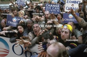 Color photo of a dense crowd of zombies holding various pro-Obama signs and an Obama banner. Text has been dropped in reading 'OH BAH MAH' and 'hoooope.'