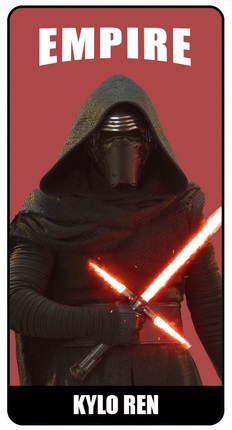 Card featuring Kylo Ren holding his lightsaber on a red background, with the word "EMPIRE" at the top, and the caption "KYLO REN" underneath.